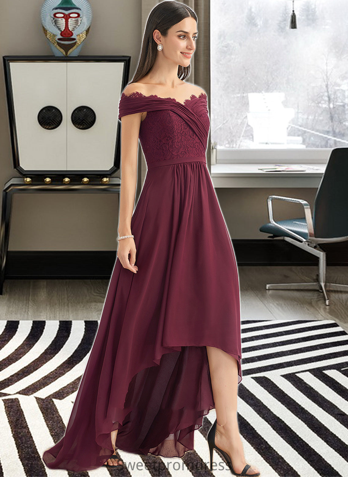 Joselyn A-Line Off-the-Shoulder Asymmetrical Bridesmaid Dress With Lace DHP0013070