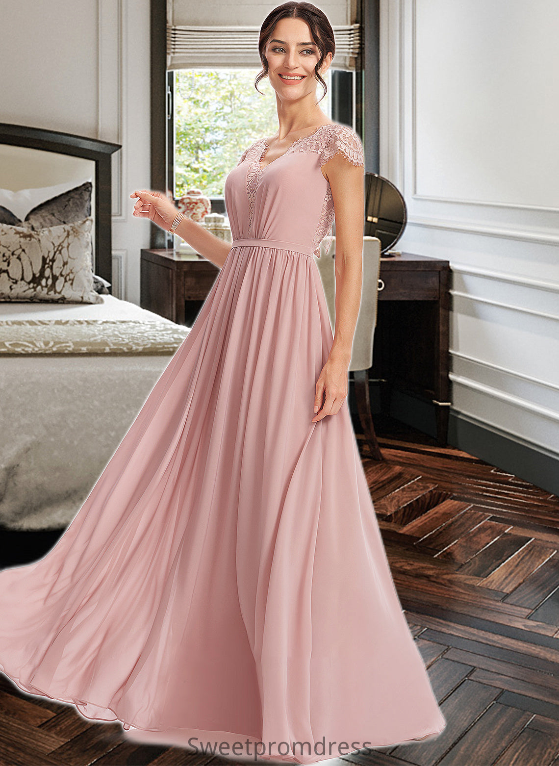 Makena A-Line V-neck Floor-Length Bridesmaid Dress With Lace DHP0013071