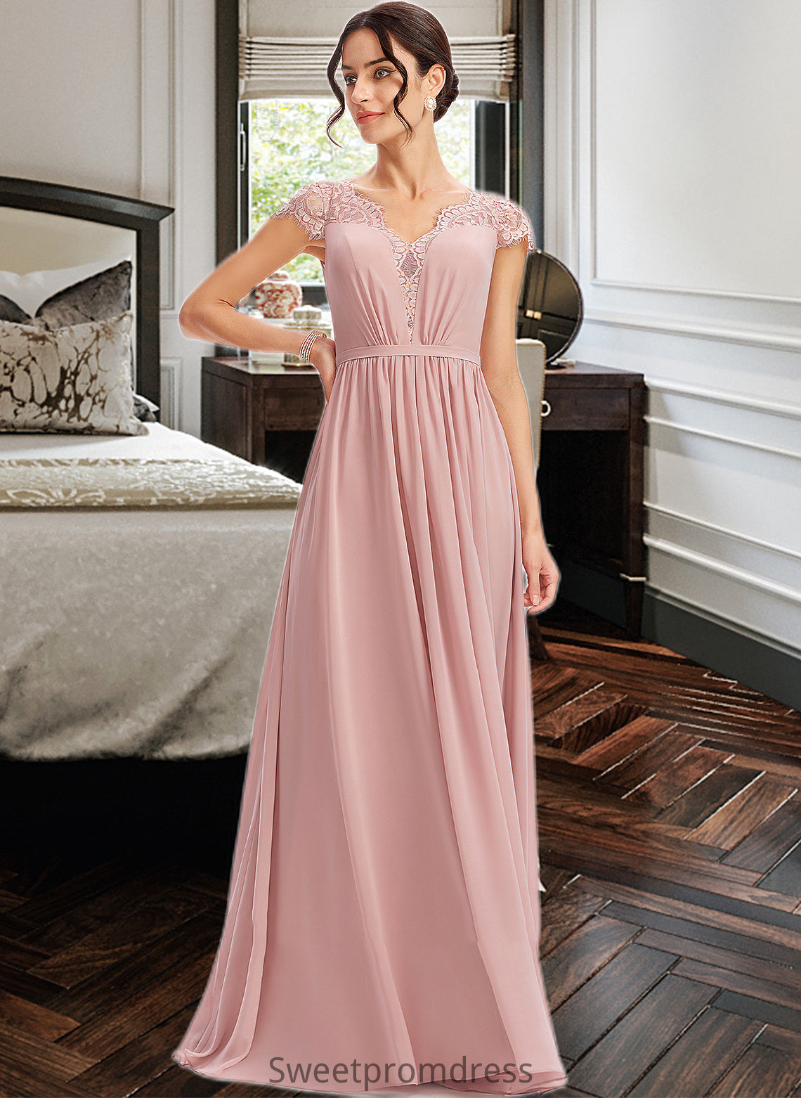 Makena A-Line V-neck Floor-Length Bridesmaid Dress With Lace DHP0013071