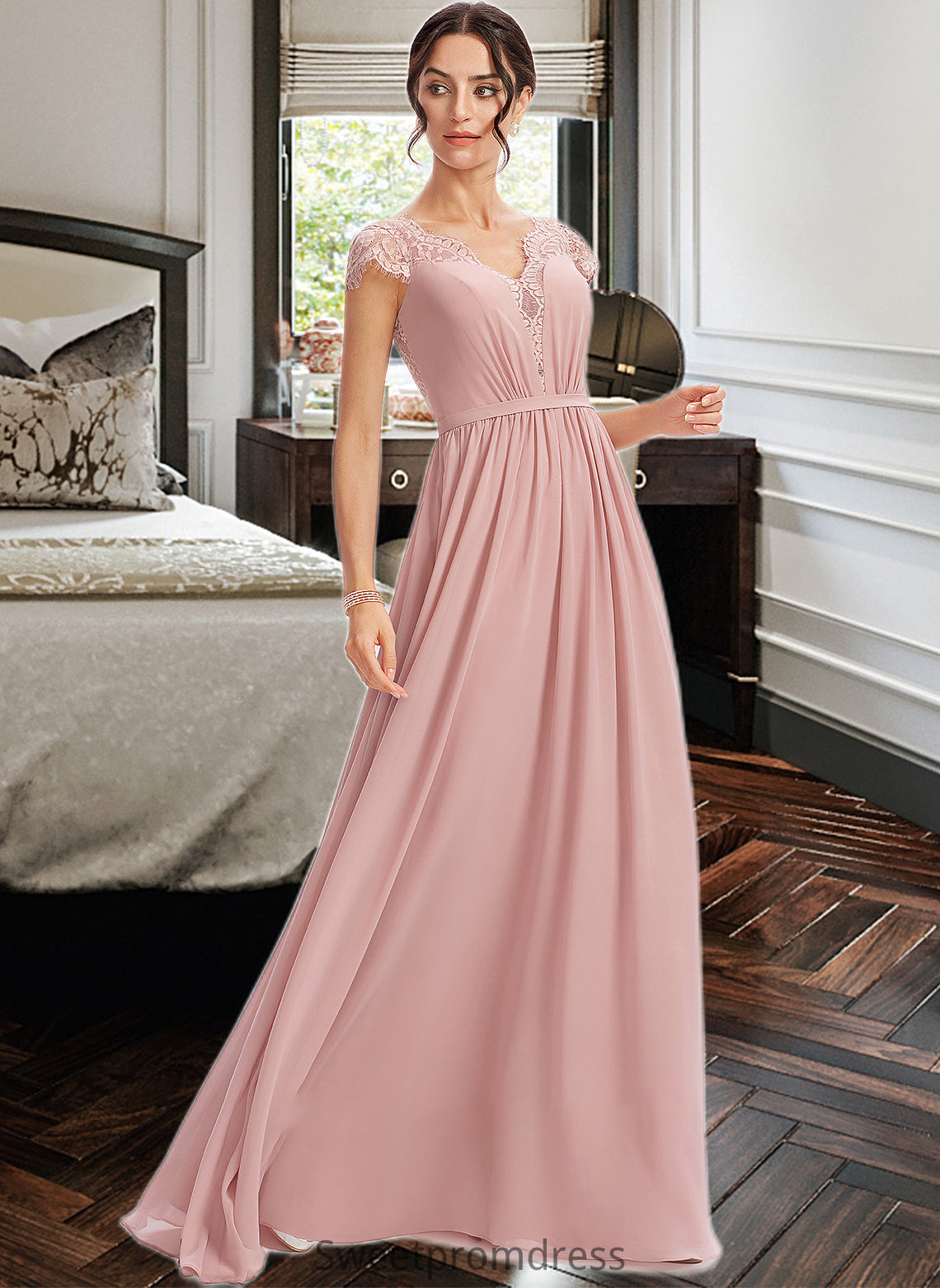 Makena A-Line V-neck Floor-Length Bridesmaid Dress With Lace DHP0013071