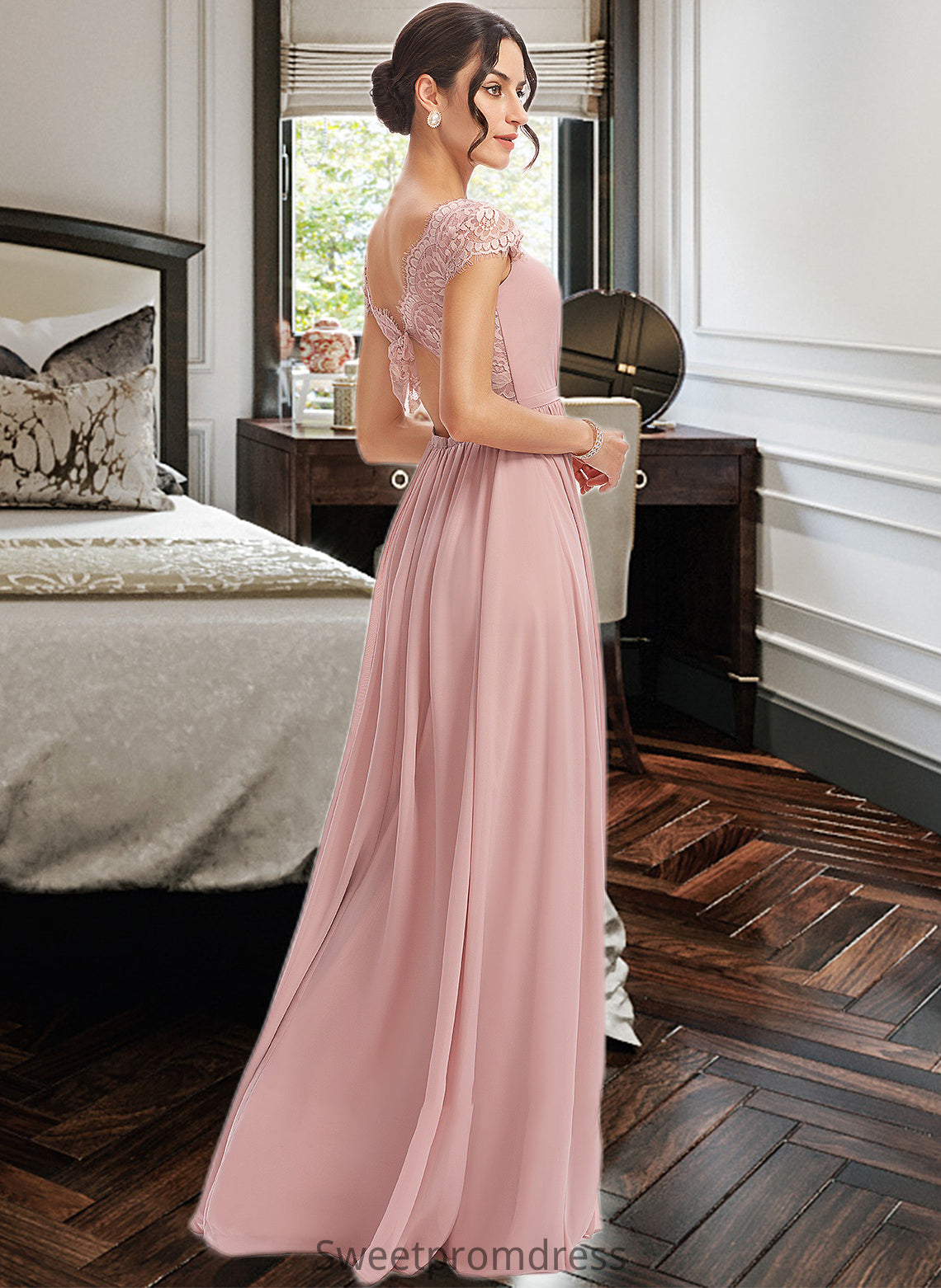 Makena A-Line V-neck Floor-Length Bridesmaid Dress With Lace DHP0013071