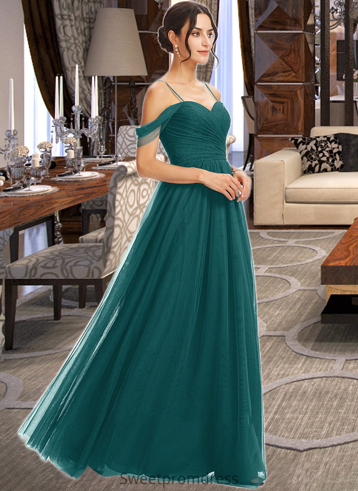 Jessica A-Line V-neck Floor-Length Bridesmaid Dress With Ruffle DHP0013072