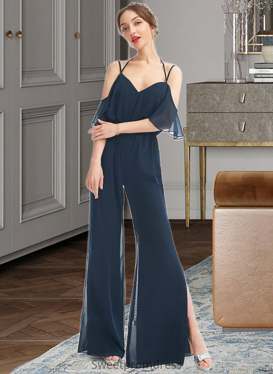 Saniyah Jumpsuit/Pantsuit V-neck Floor-Length Bridesmaid Dress With Ruffle DHP0013073