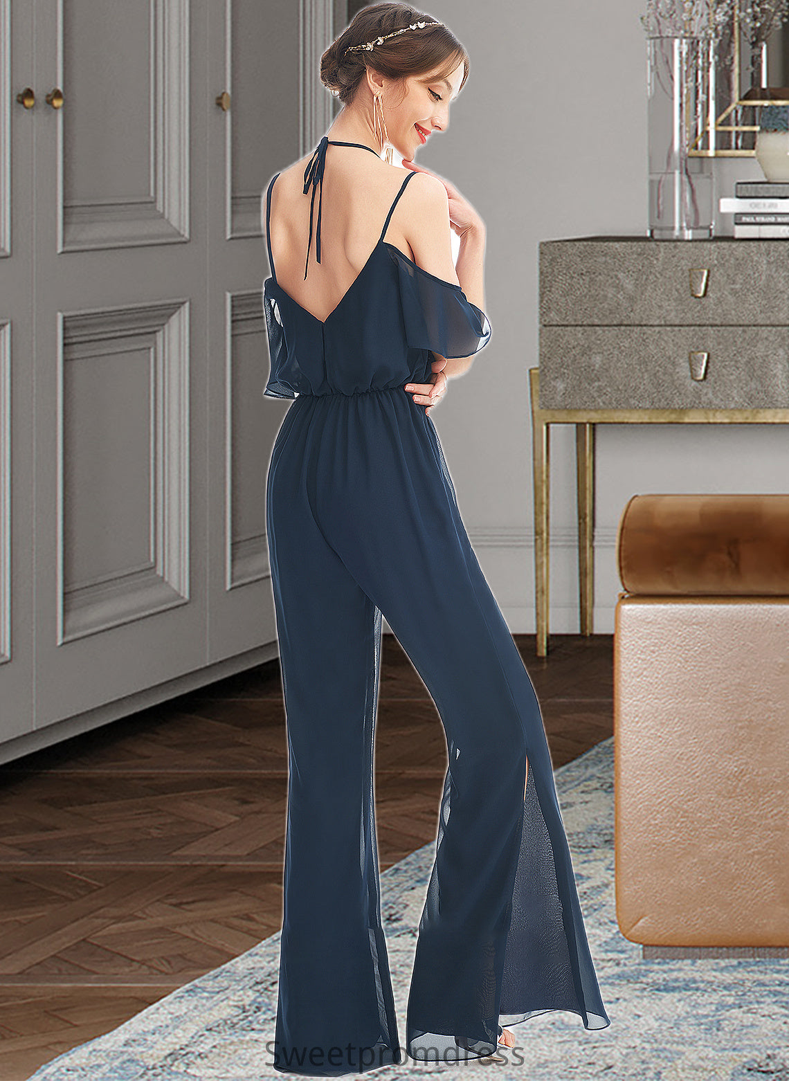 Saniyah Jumpsuit/Pantsuit V-neck Floor-Length Bridesmaid Dress With Ruffle DHP0013073