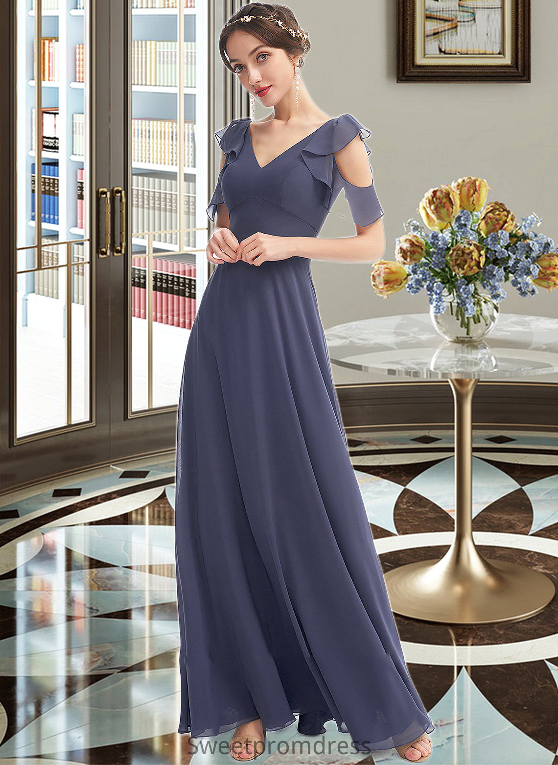 Skyler A-Line V-neck Floor-Length Bridesmaid Dress With Ruffle DHP0013074