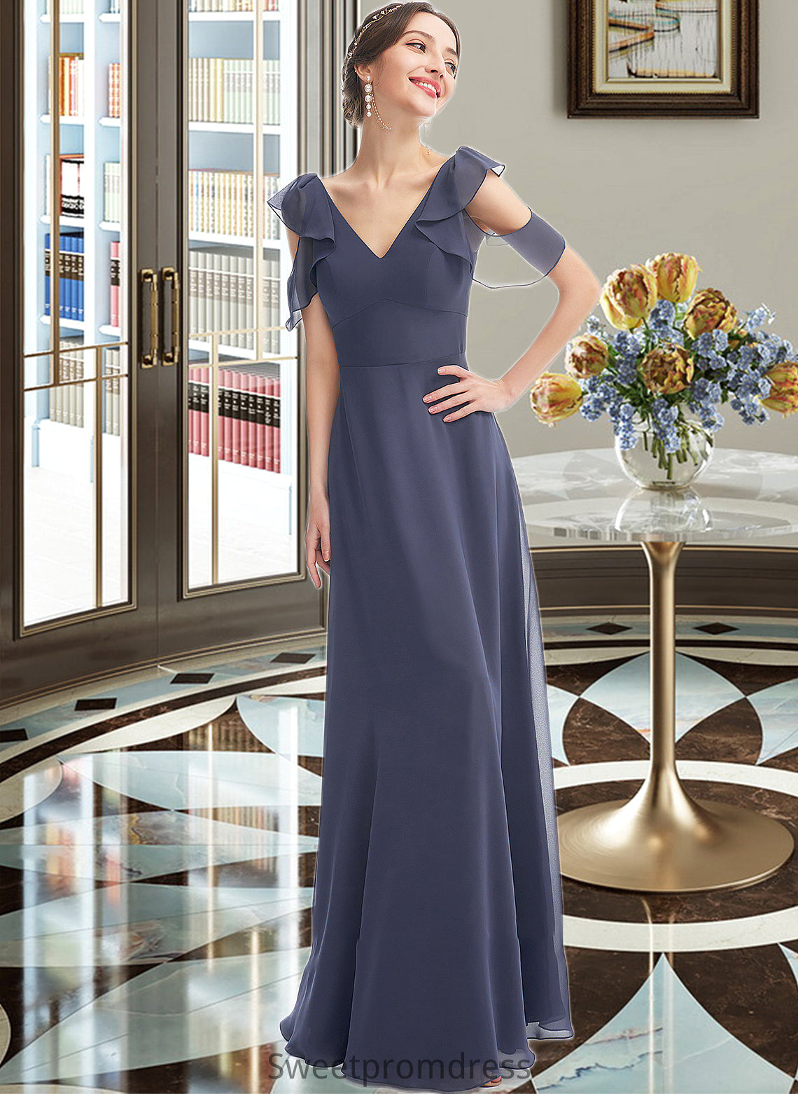 Skyler A-Line V-neck Floor-Length Bridesmaid Dress With Ruffle DHP0013074