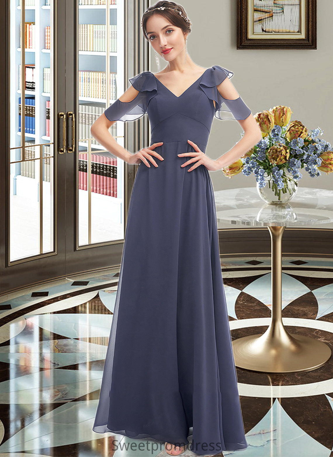 Skyler A-Line V-neck Floor-Length Bridesmaid Dress With Ruffle DHP0013074