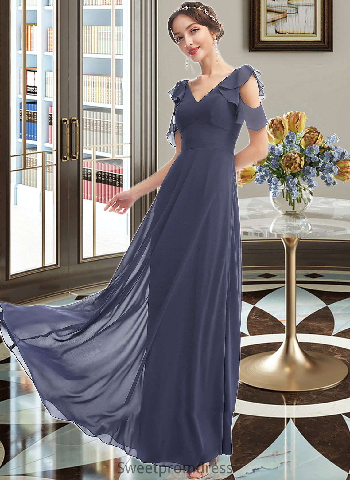 Skyler A-Line V-neck Floor-Length Bridesmaid Dress With Ruffle DHP0013074