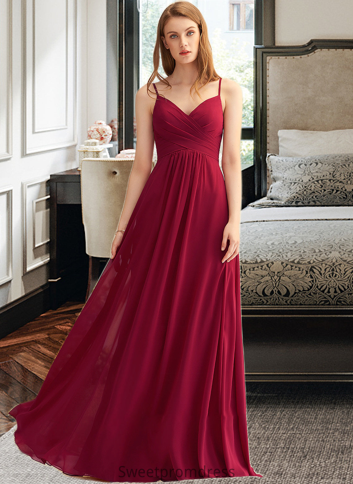 Ana A-LineV-neckFloor-LengthChiffonBridesmaidDressWithRuffle#251386 DHP0013076