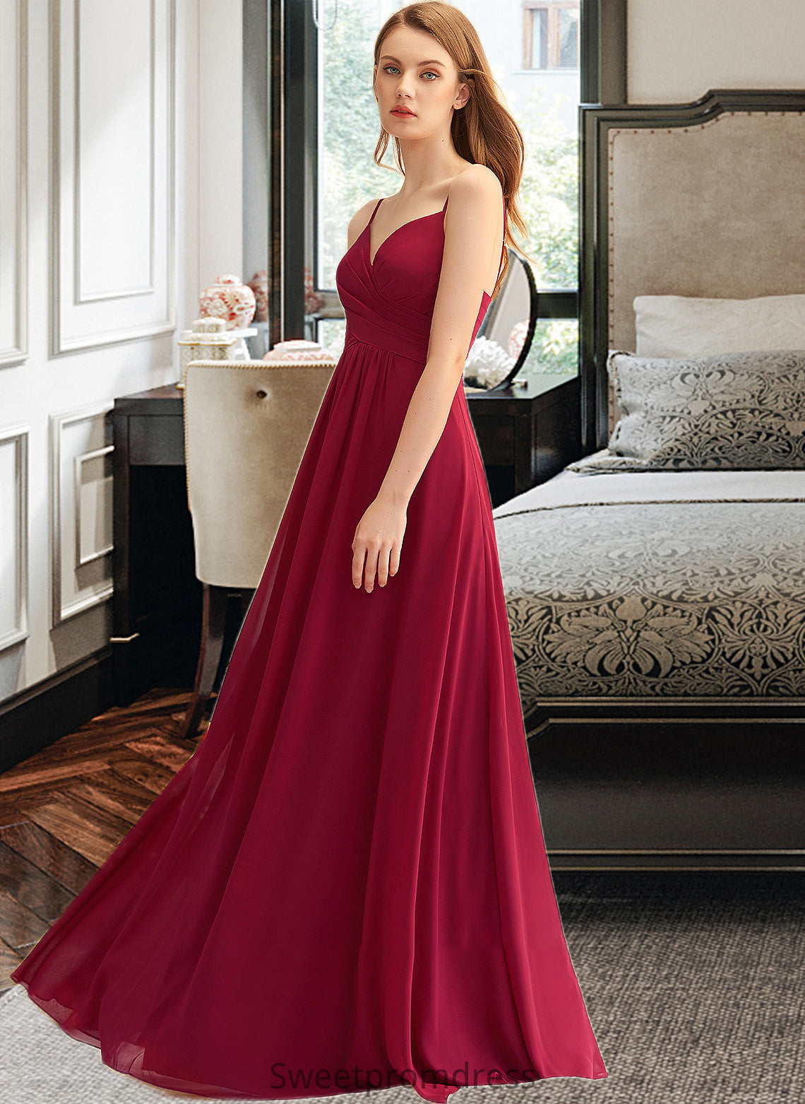 Ana A-LineV-neckFloor-LengthChiffonBridesmaidDressWithRuffle#251386 DHP0013076