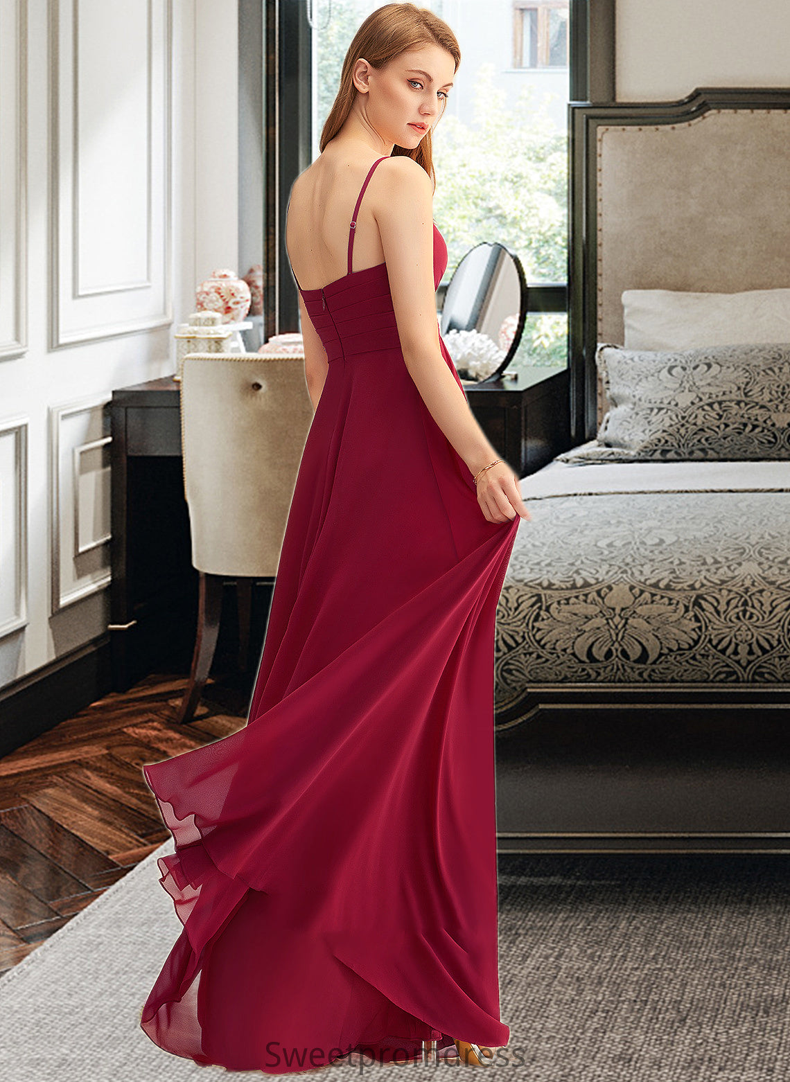 Ana A-LineV-neckFloor-LengthChiffonBridesmaidDressWithRuffle#251386 DHP0013076