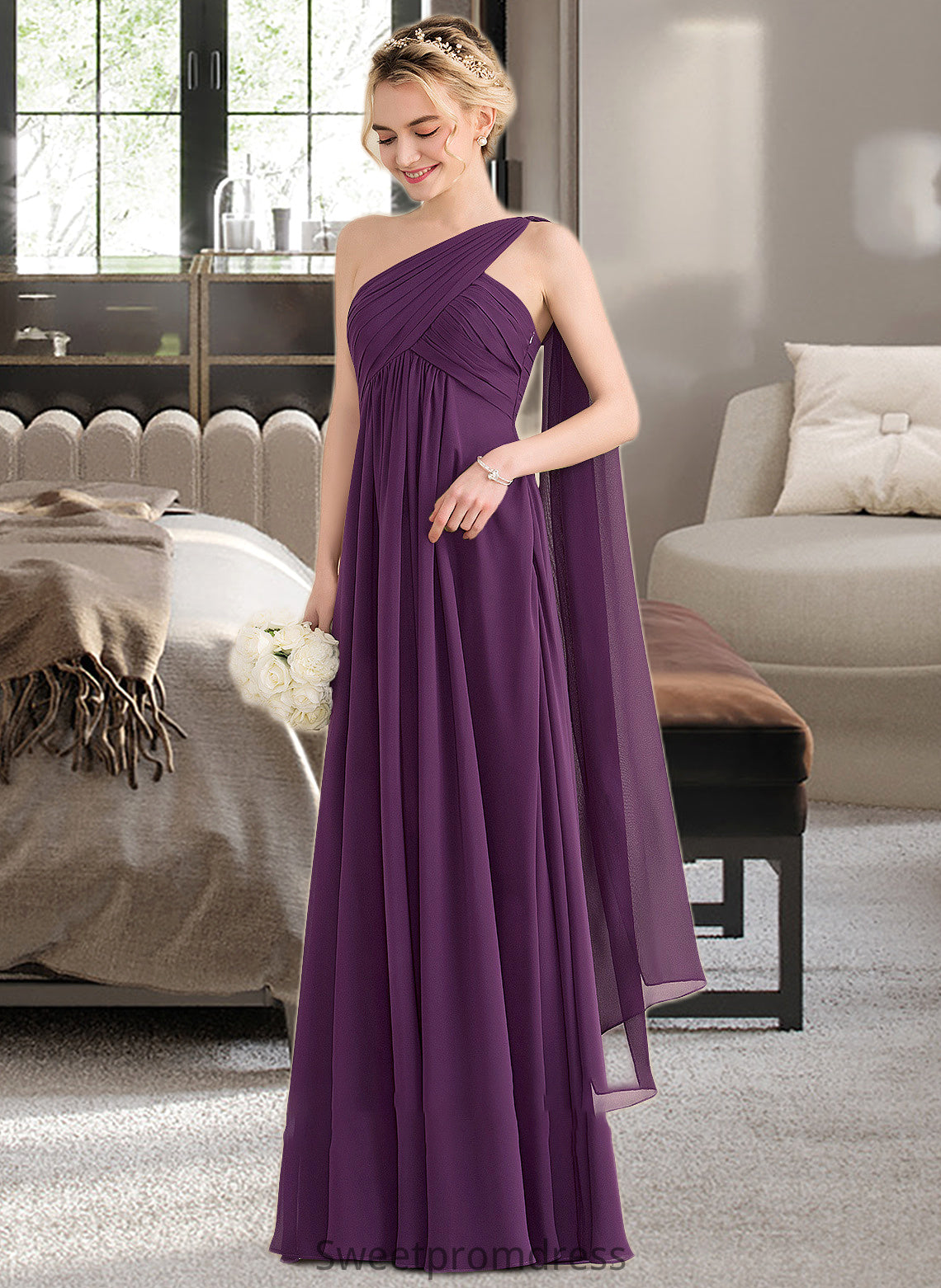 Aiyana A-line One Shoulder Floor-Length Chiffon Bridesmaid Dress With Ruffle DHP0013078