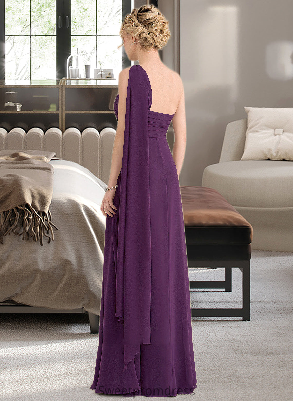 Aiyana A-line One Shoulder Floor-Length Chiffon Bridesmaid Dress With Ruffle DHP0013078