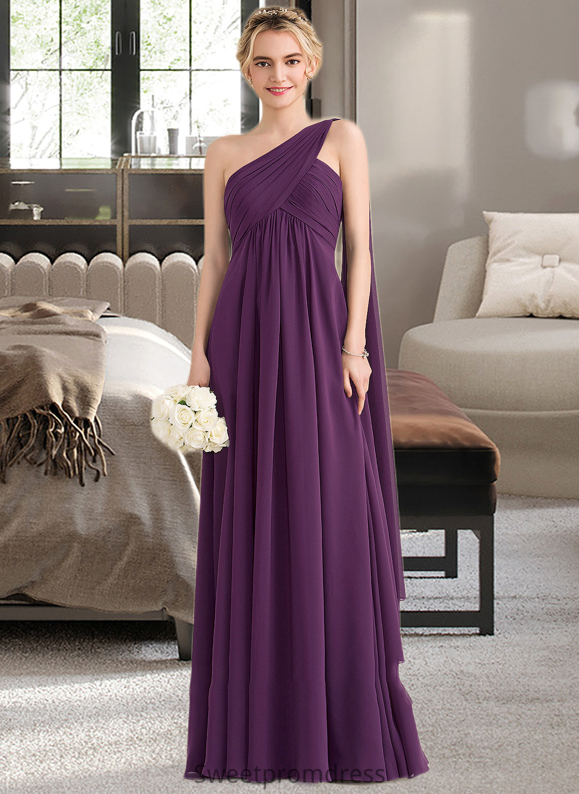 Aiyana A-line One Shoulder Floor-Length Chiffon Bridesmaid Dress With Ruffle DHP0013078