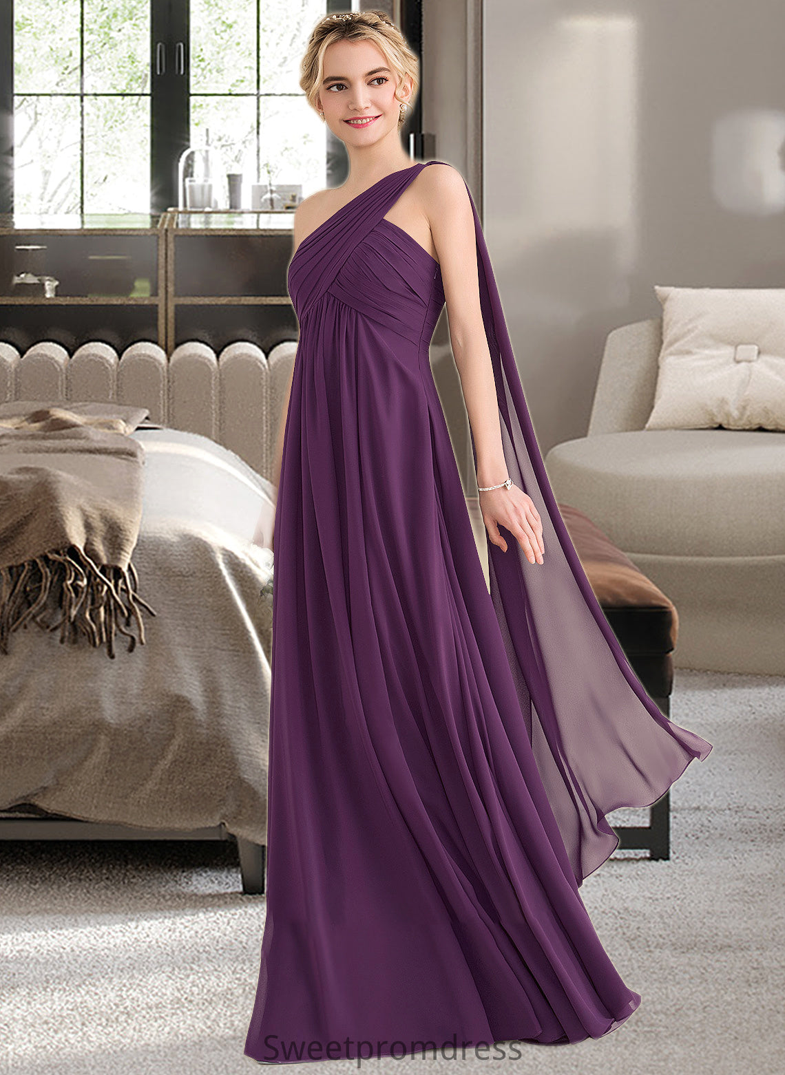 Aiyana A-line One Shoulder Floor-Length Chiffon Bridesmaid Dress With Ruffle DHP0013078