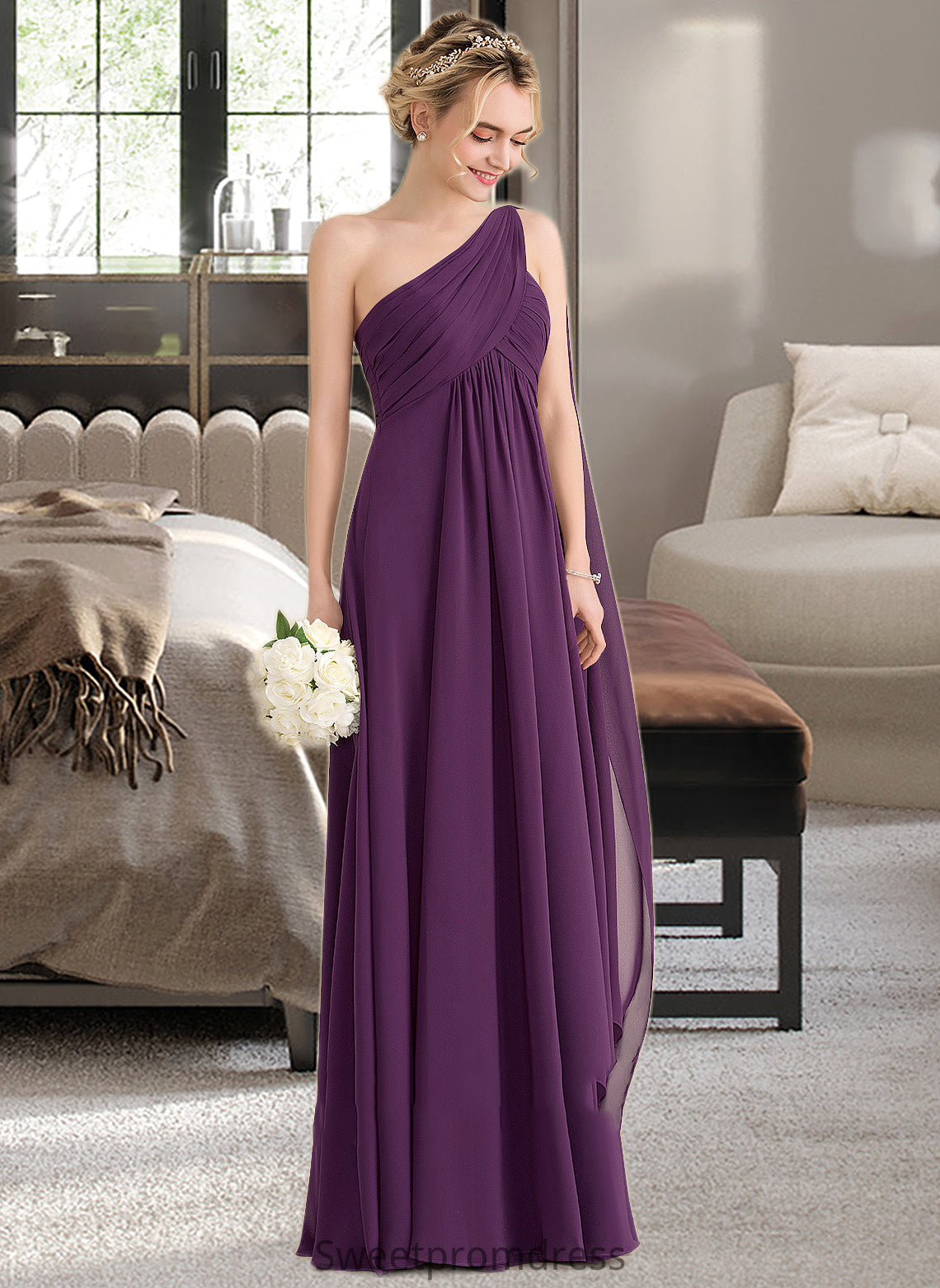 Aiyana A-line One Shoulder Floor-Length Chiffon Bridesmaid Dress With Ruffle DHP0013078