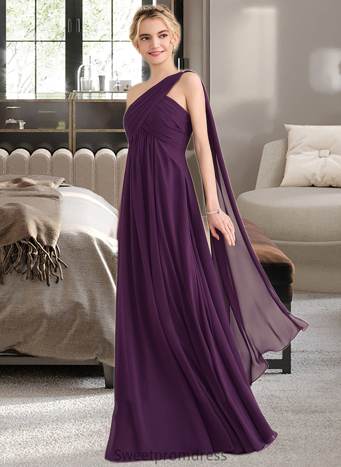 Aiyana A-line One Shoulder Floor-Length Chiffon Bridesmaid Dress With Ruffle DHP0013078