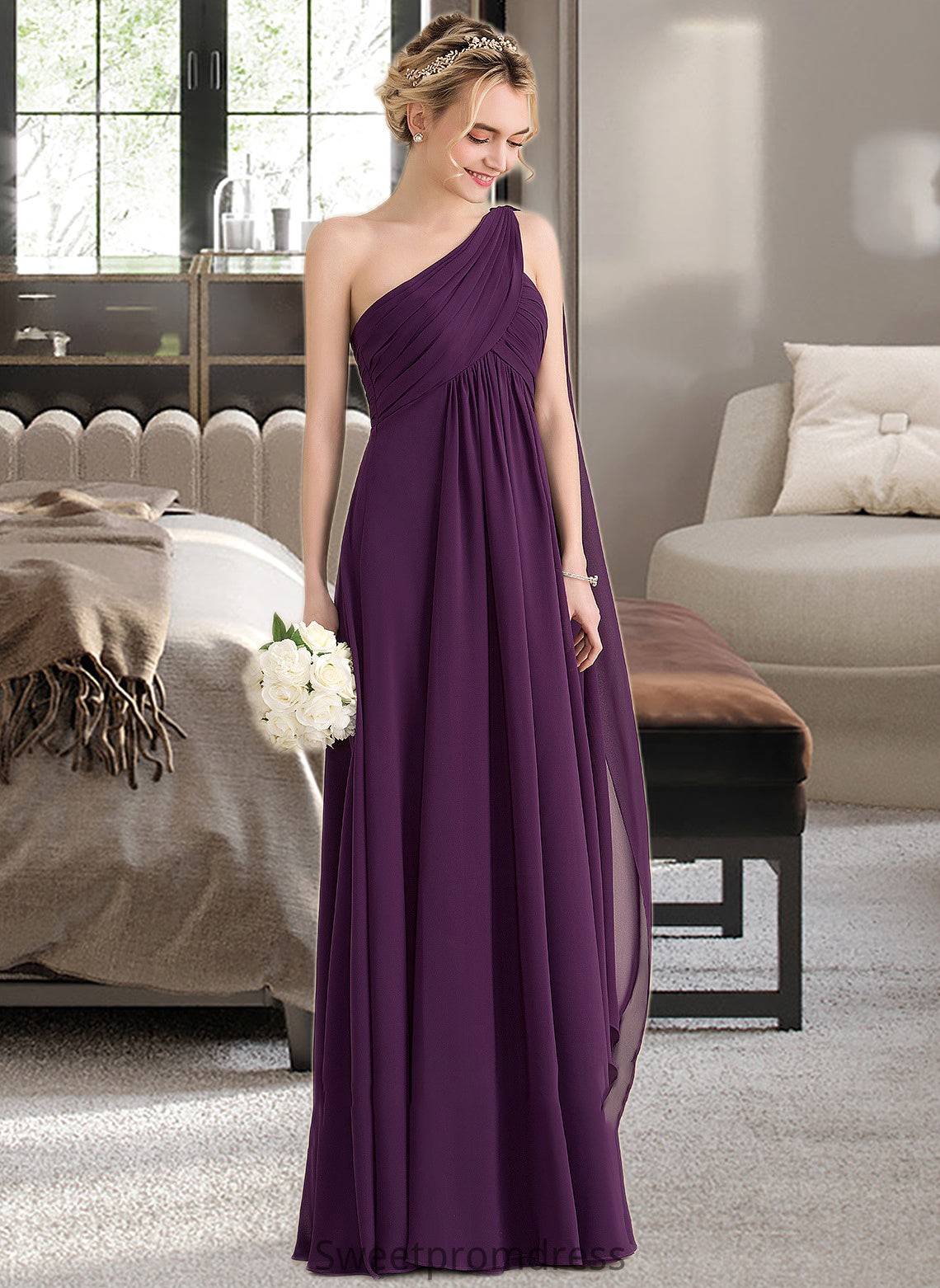 Aiyana A-line One Shoulder Floor-Length Chiffon Bridesmaid Dress With Ruffle DHP0013078