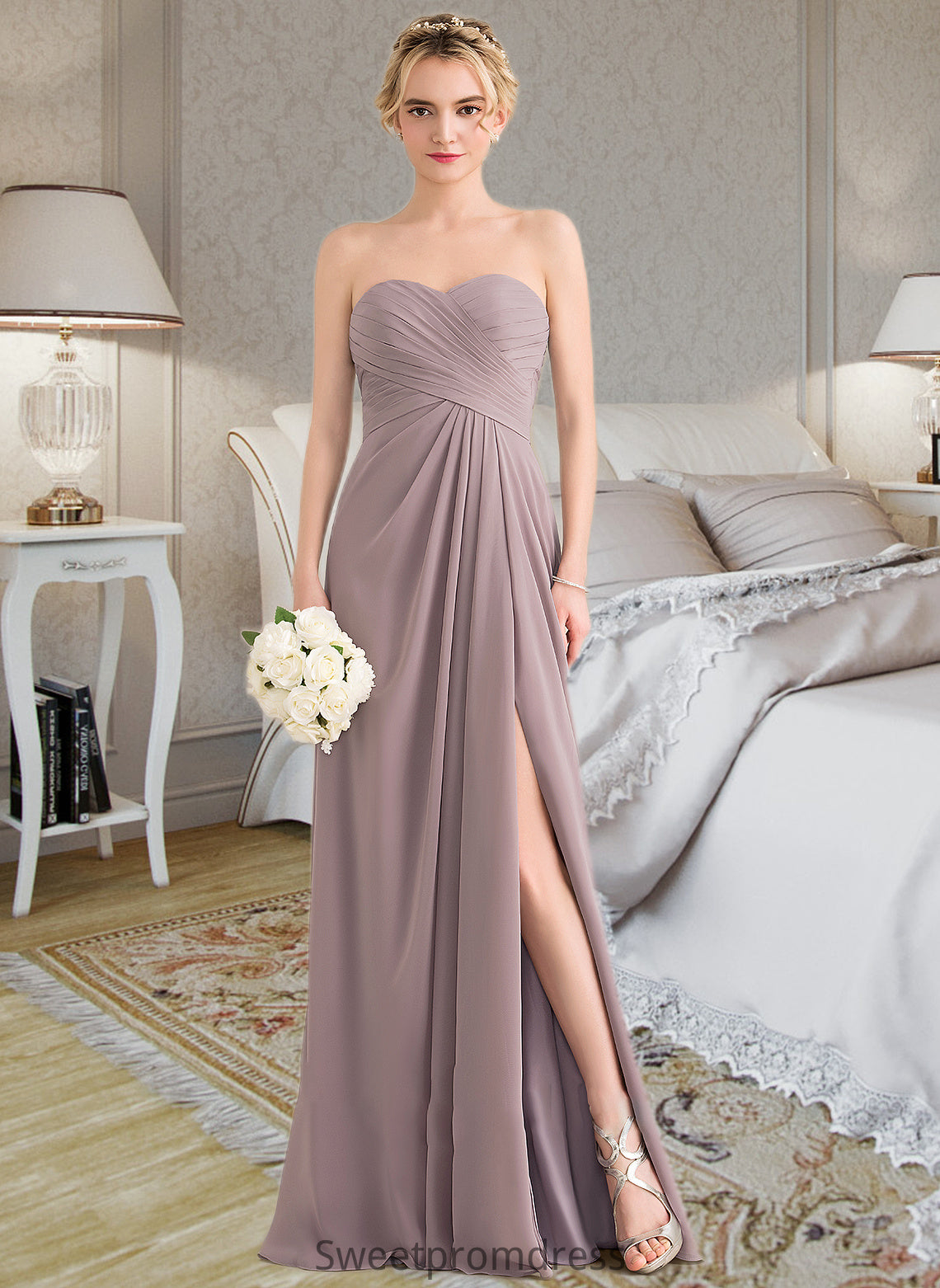 Camilla A-Line Sweetheart Floor-Length Chiffon Bridesmaid Dress With Ruffle Split Front DHP0013079