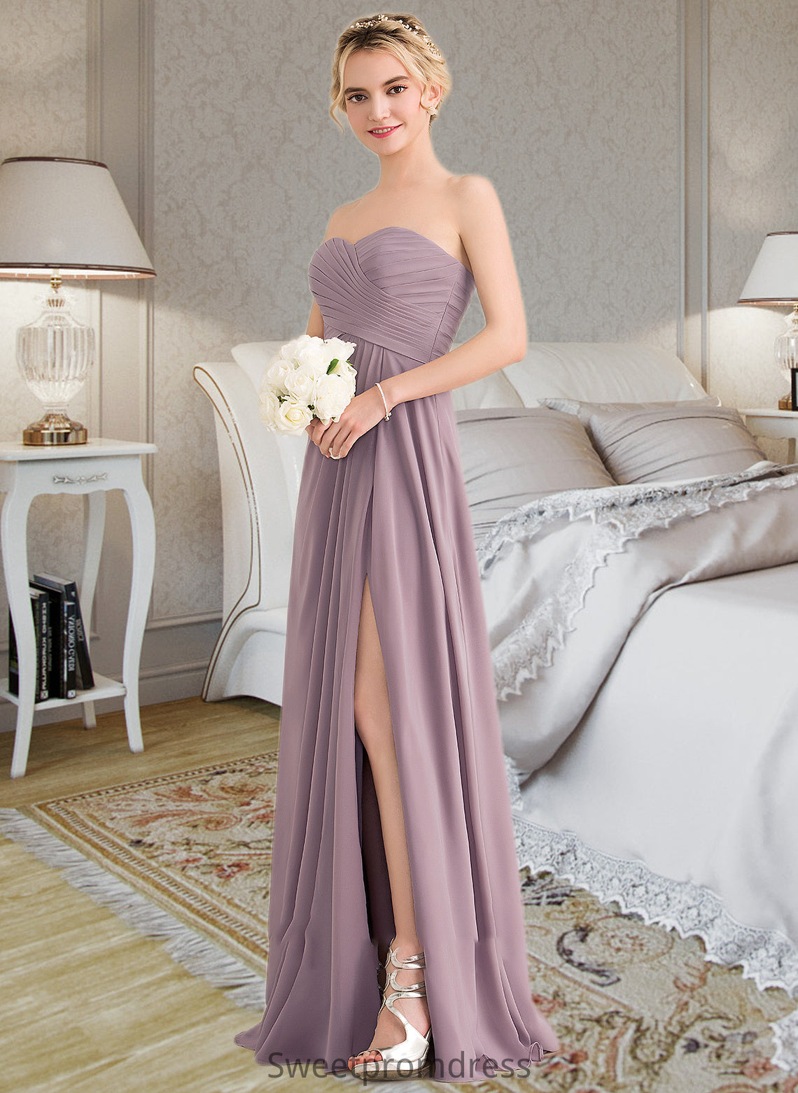 Camilla A-Line Sweetheart Floor-Length Chiffon Bridesmaid Dress With Ruffle Split Front DHP0013079