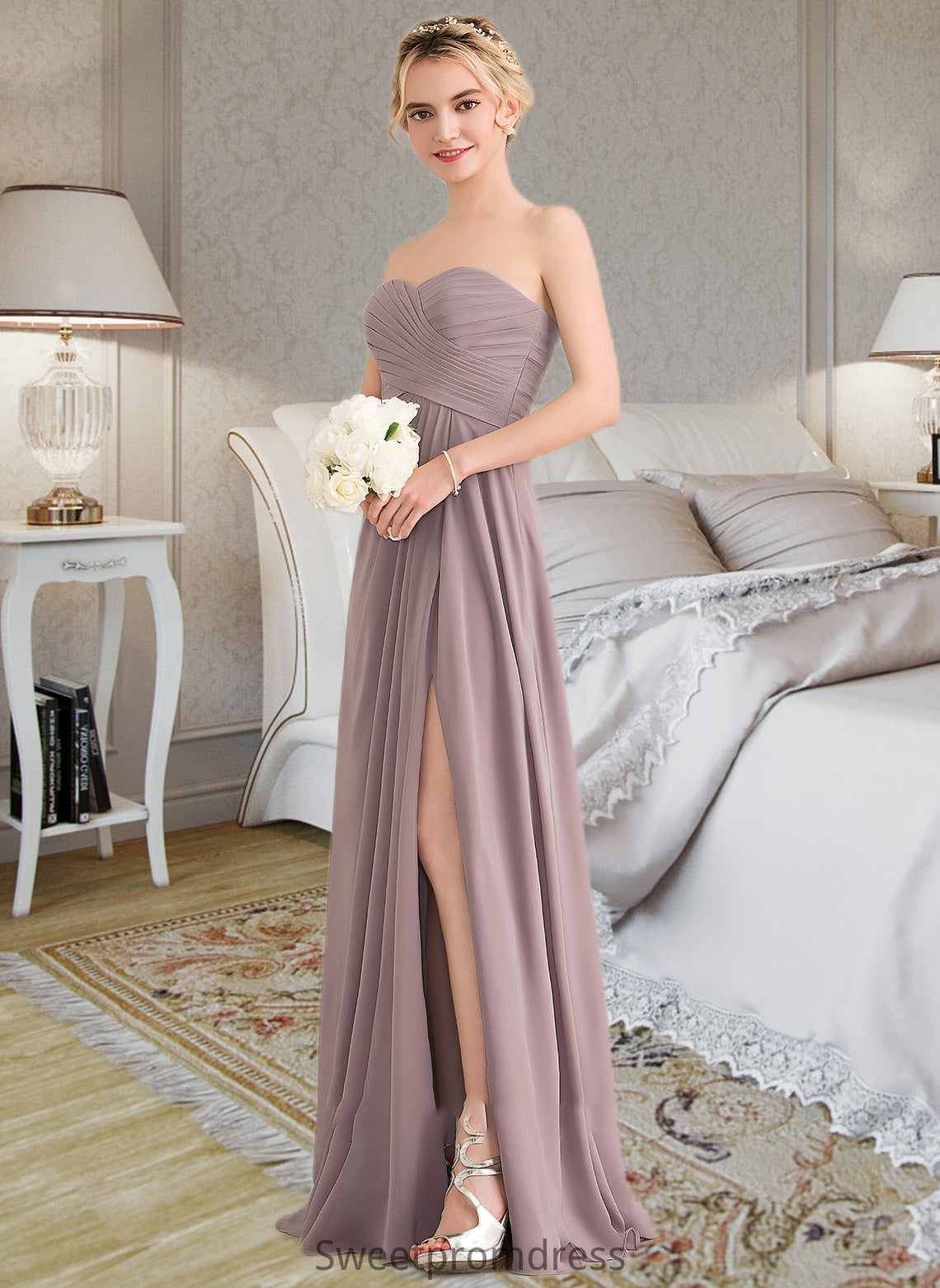 Camilla A-Line Sweetheart Floor-Length Chiffon Bridesmaid Dress With Ruffle Split Front DHP0013079