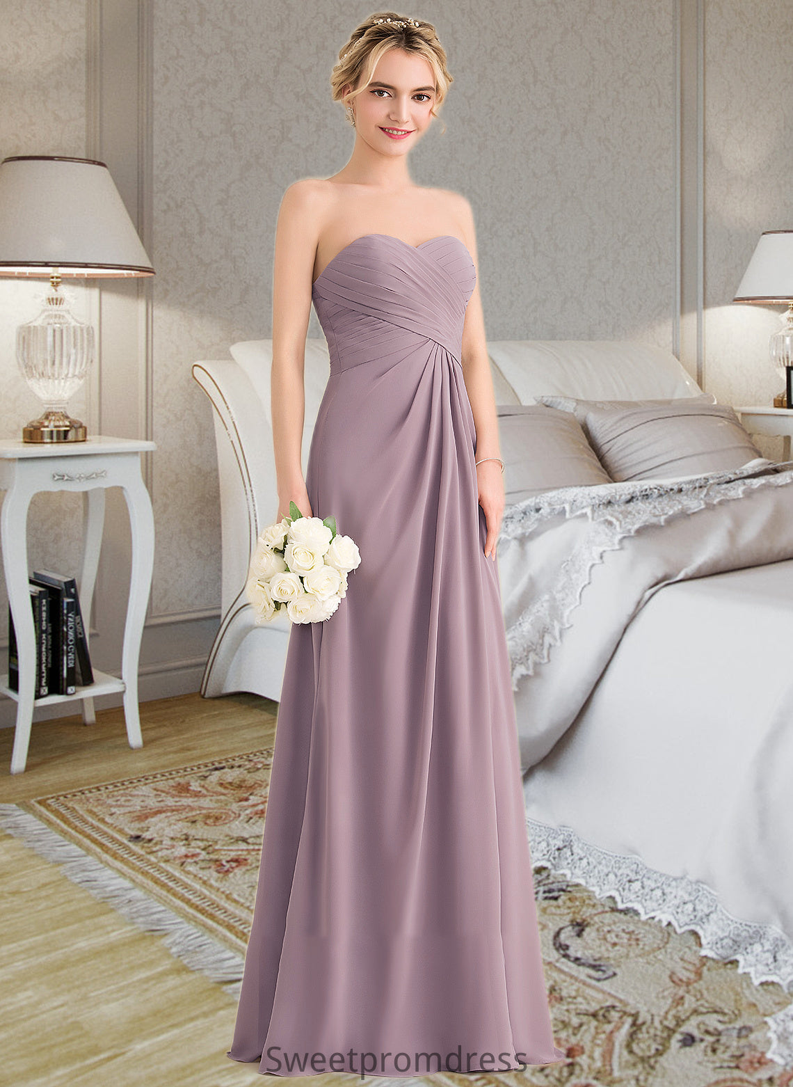 Camilla A-Line Sweetheart Floor-Length Chiffon Bridesmaid Dress With Ruffle Split Front DHP0013079