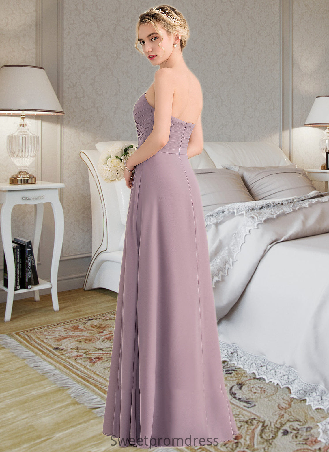 Camilla A-Line Sweetheart Floor-Length Chiffon Bridesmaid Dress With Ruffle Split Front DHP0013079