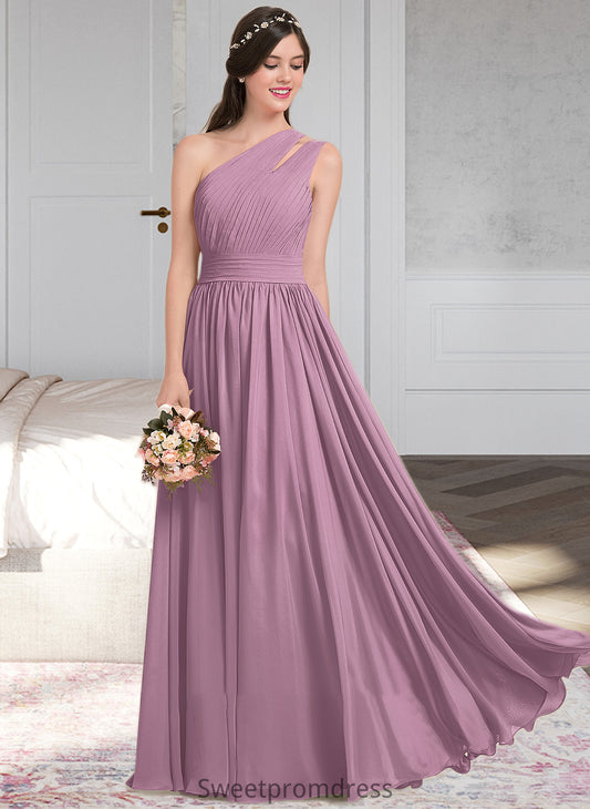 Jayleen A-line One Shoulder Floor-Length Chiffon Bridesmaid Dress With Ruffle DHP0013080