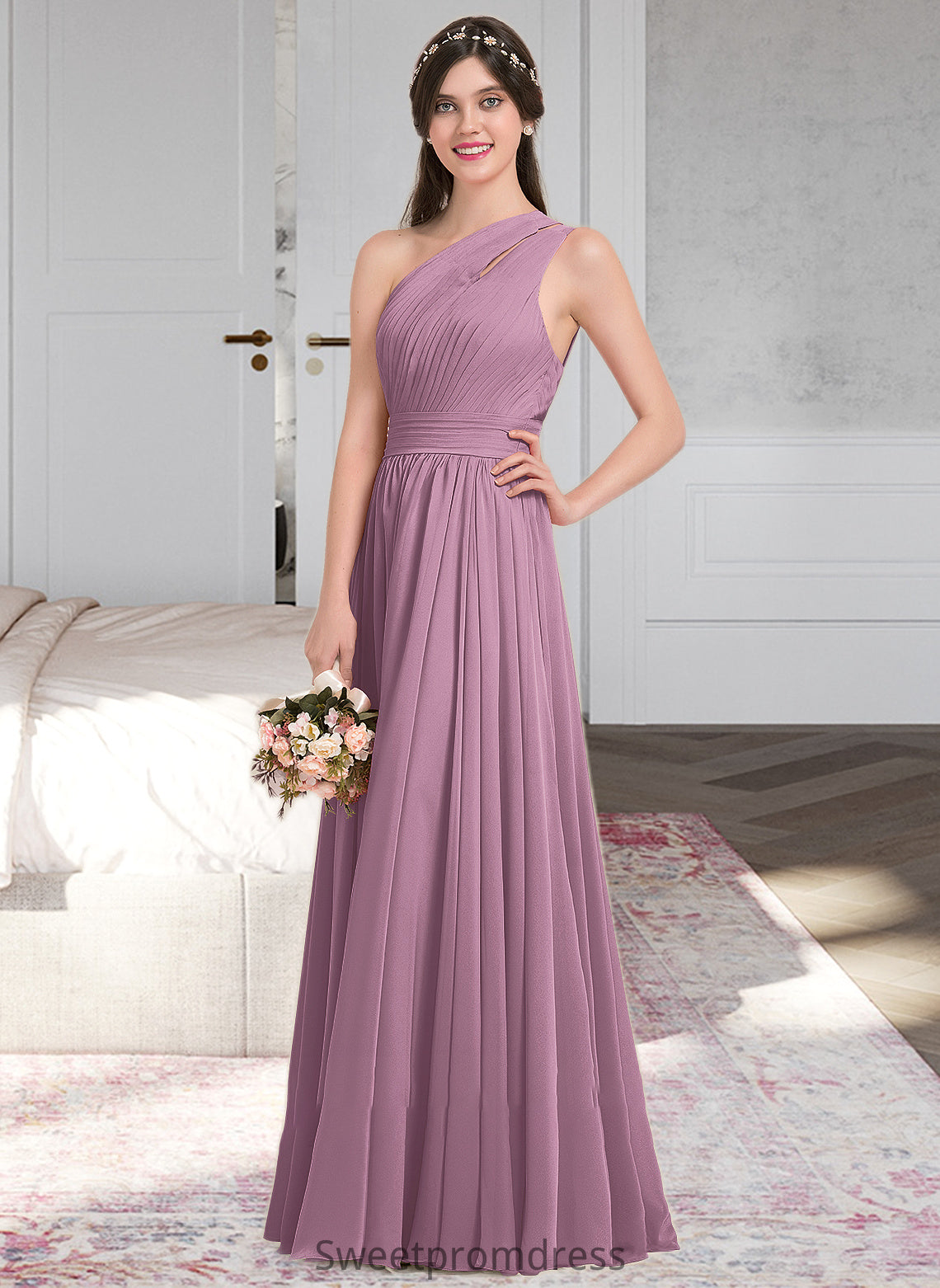 Jayleen A-line One Shoulder Floor-Length Chiffon Bridesmaid Dress With Ruffle DHP0013080