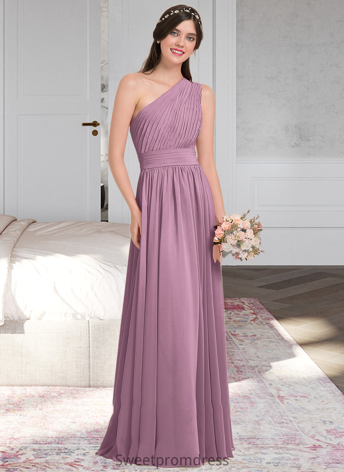 Jayleen A-line One Shoulder Floor-Length Chiffon Bridesmaid Dress With Ruffle DHP0013080