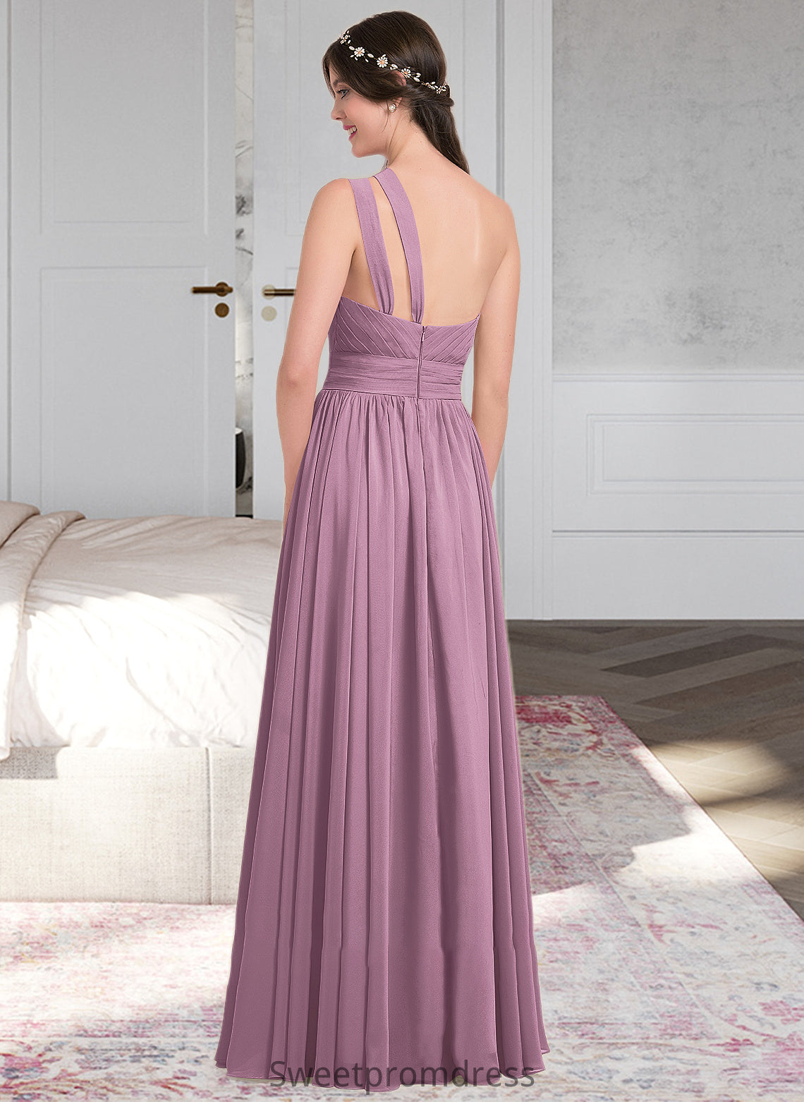 Jayleen A-line One Shoulder Floor-Length Chiffon Bridesmaid Dress With Ruffle DHP0013080