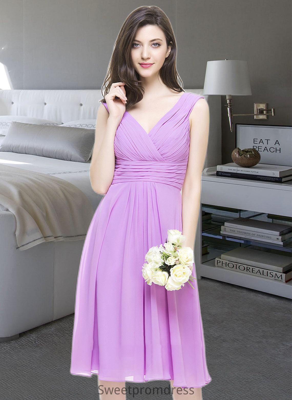 Angelica A-Line V-neck Knee-Length Chiffon Bridesmaid Dress With Ruffle DHP0013081