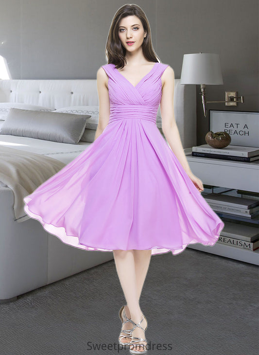 Angelica A-Line V-neck Knee-Length Chiffon Bridesmaid Dress With Ruffle DHP0013081