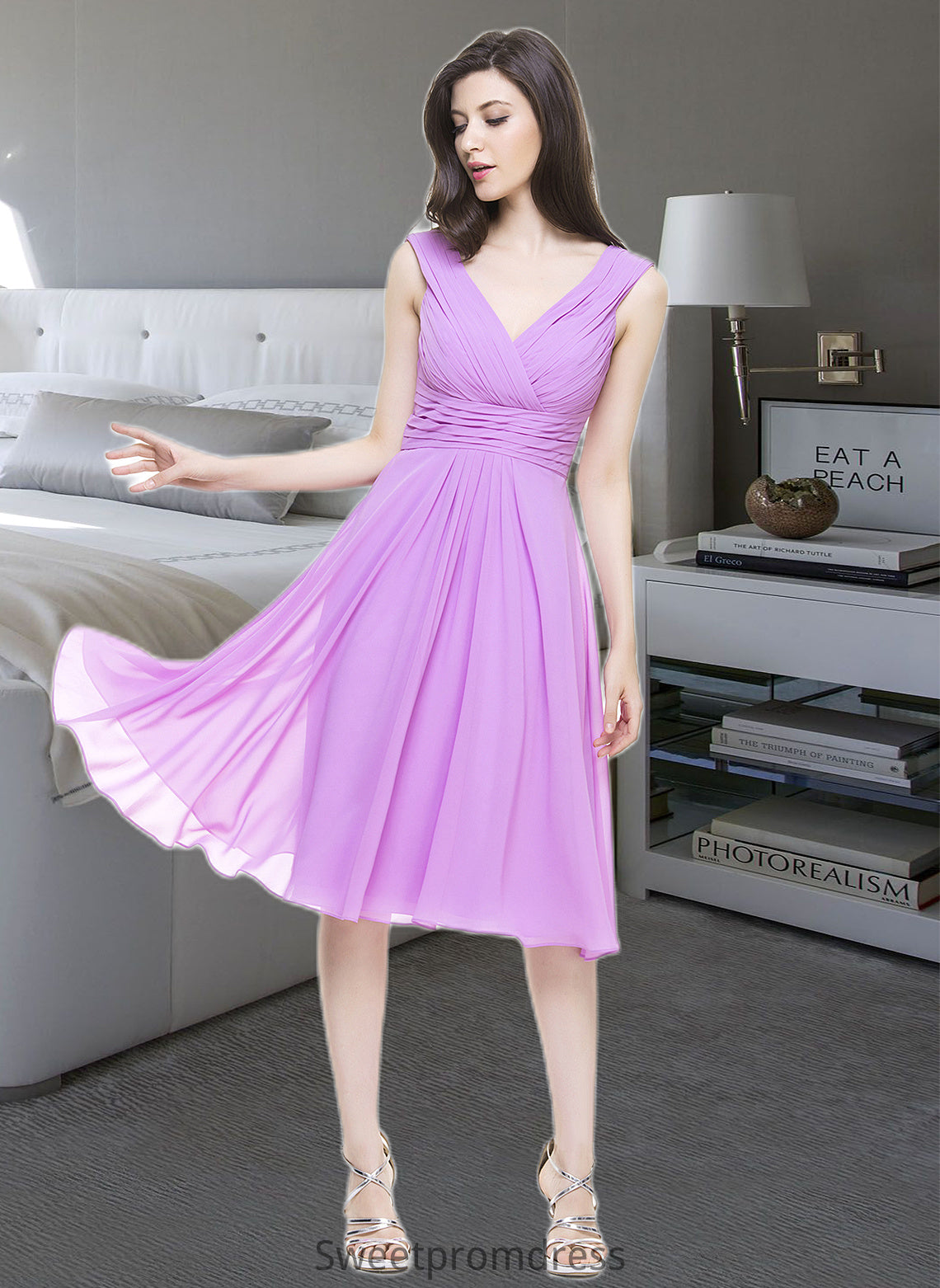 Angelica A-Line V-neck Knee-Length Chiffon Bridesmaid Dress With Ruffle DHP0013081