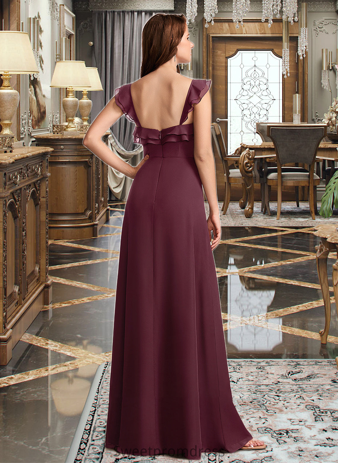 Aileen A-Line V-neck Floor-Length Bridesmaid Dress With Split Front DHP0013083