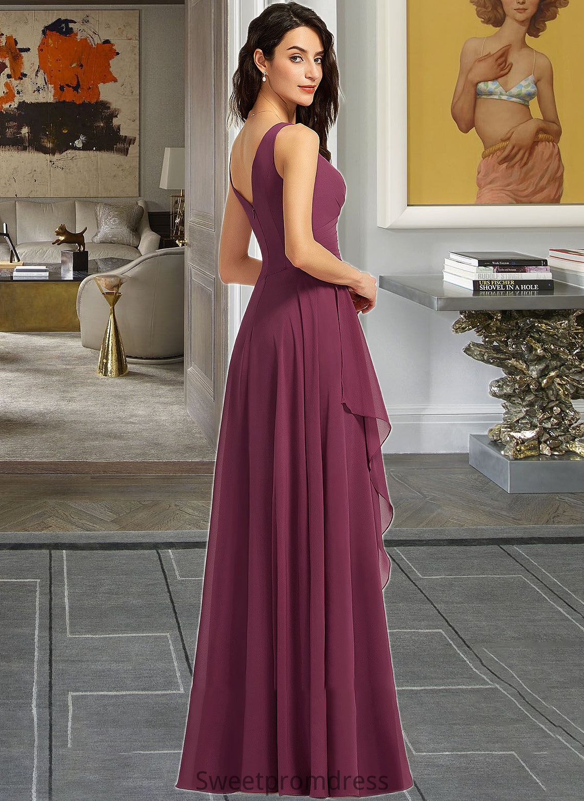 Monique A-Line V-neck Floor-Length Bridesmaid Dress With Split Front DHP0013085