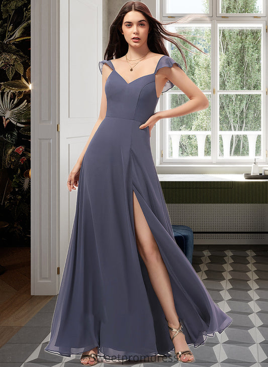 Itzel A-Line V-neck Floor-Length Chiffon Bridesmaid Dress With Split Front DHP0013086