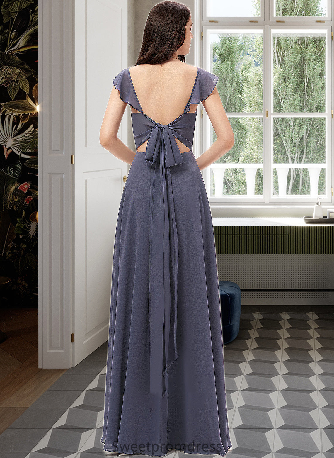 Itzel A-Line V-neck Floor-Length Chiffon Bridesmaid Dress With Split Front DHP0013086