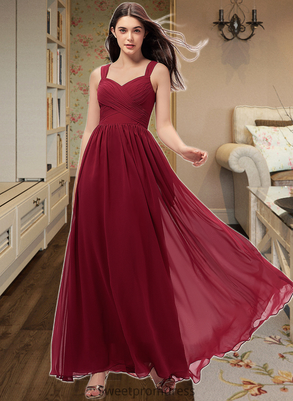 Mollie A-Line Sweetheart Floor-Length Chiffon Bridesmaid Dress With Ruffle Pockets DHP0013087