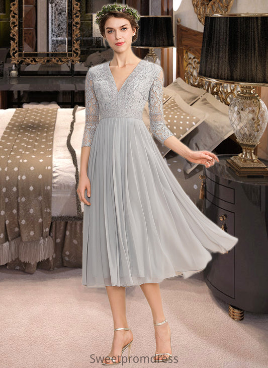 Alma A-Line V-neck Tea-Length Chiffon Lace Bridesmaid Dress With Pleated DHP0013088