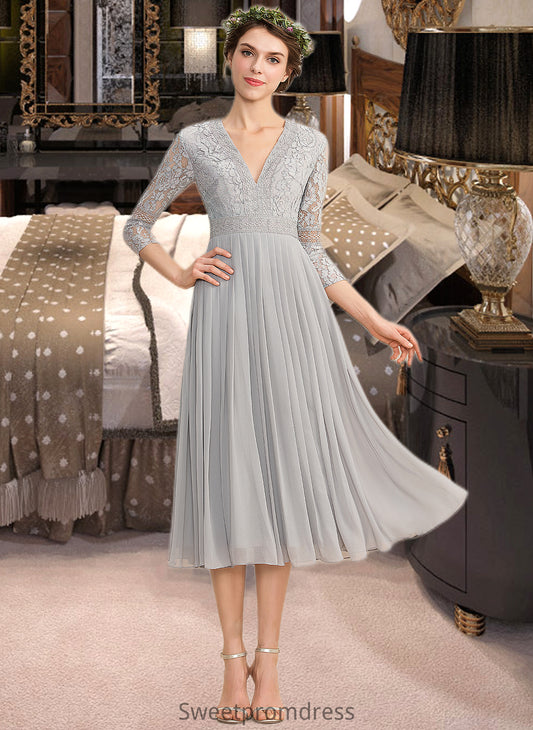 Alma A-Line V-neck Tea-Length Chiffon Lace Bridesmaid Dress With Pleated DHP0013088