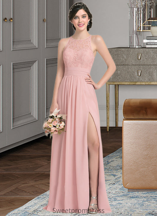 Ingrid A-Line Scoop Neck Floor-Length Chiffon Lace Bridesmaid Dress With Ruffle Split Front DHP0013089