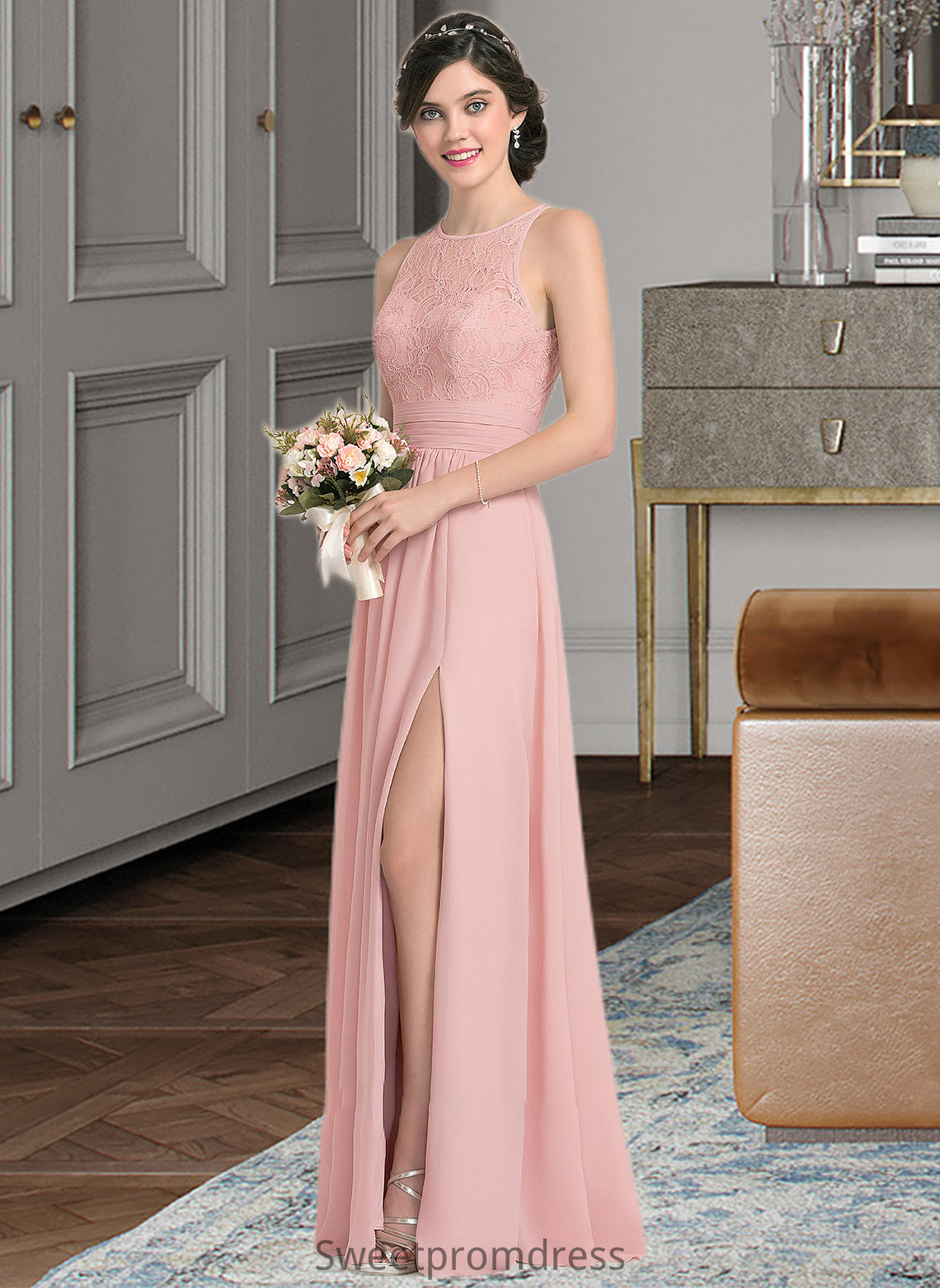 Ingrid A-Line Scoop Neck Floor-Length Chiffon Lace Bridesmaid Dress With Ruffle Split Front DHP0013089