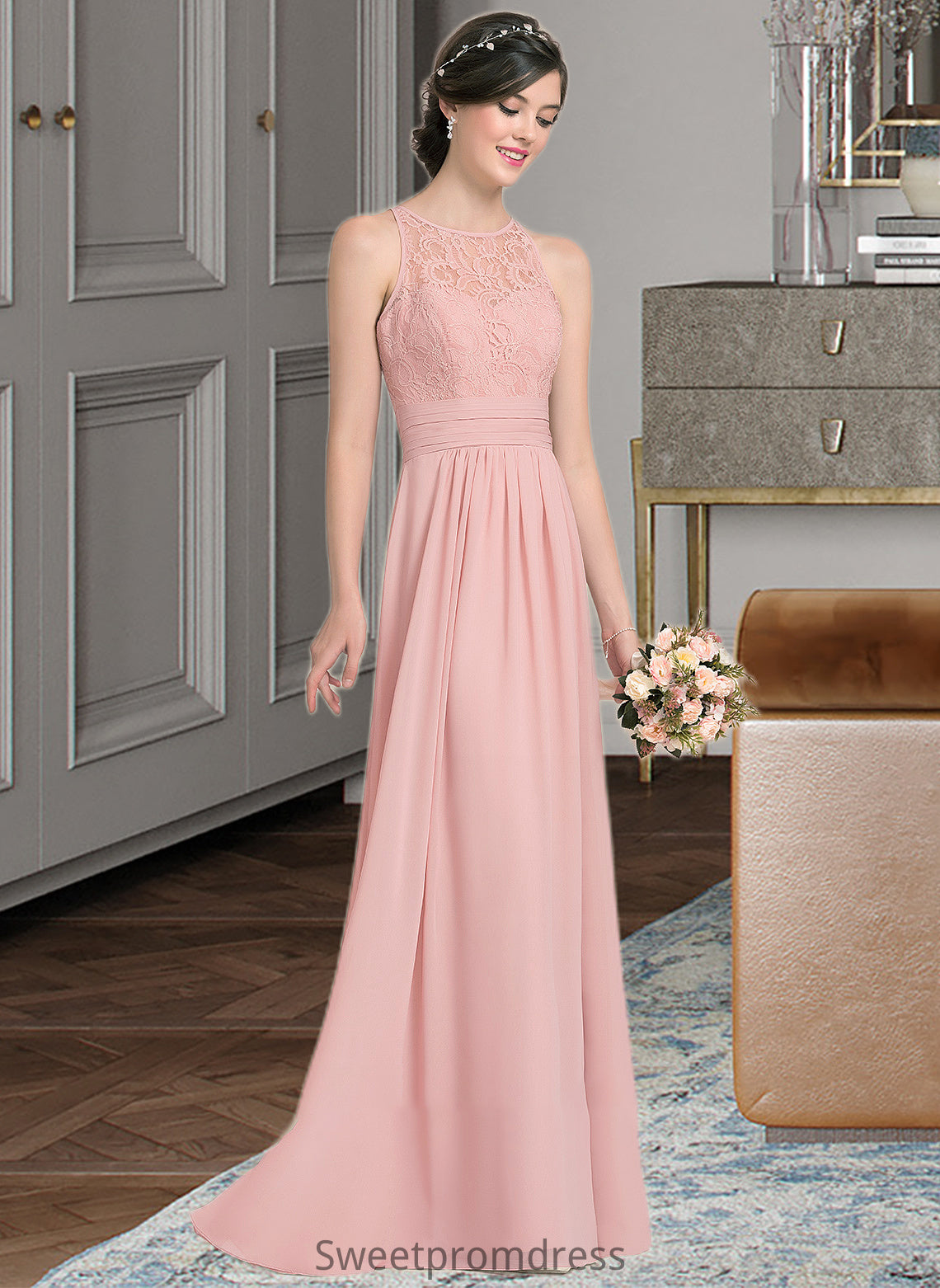 Ingrid A-Line Scoop Neck Floor-Length Chiffon Lace Bridesmaid Dress With Ruffle Split Front DHP0013089