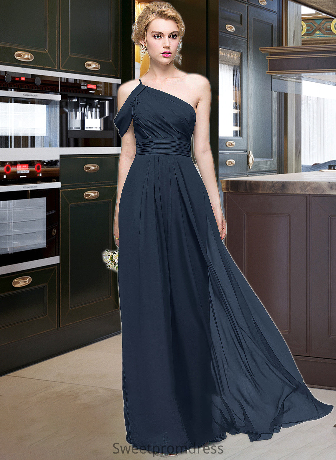 Una A-line One Shoulder Floor-Length Chiffon Bridesmaid Dress With Ruffle DHP0013091