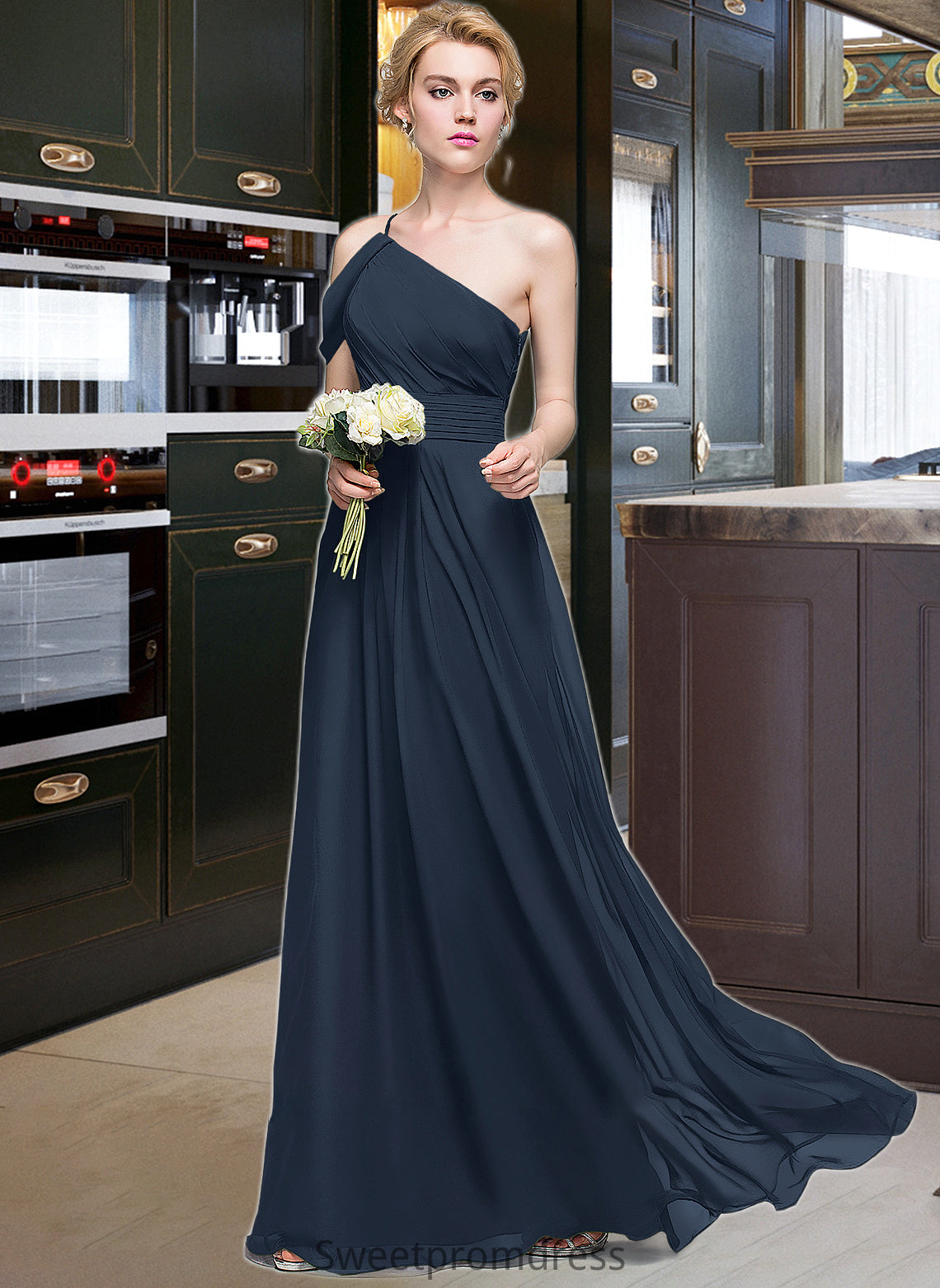 Una A-line One Shoulder Floor-Length Chiffon Bridesmaid Dress With Ruffle DHP0013091