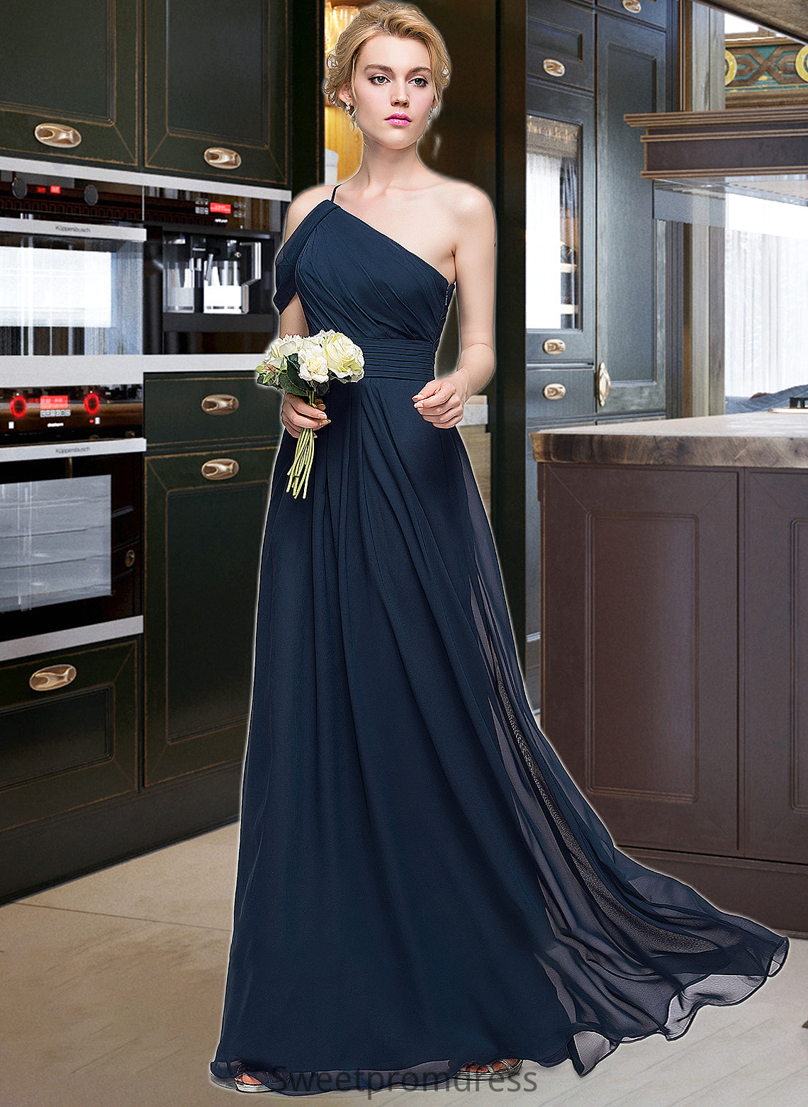 Una A-line One Shoulder Floor-Length Chiffon Bridesmaid Dress With Ruffle DHP0013091