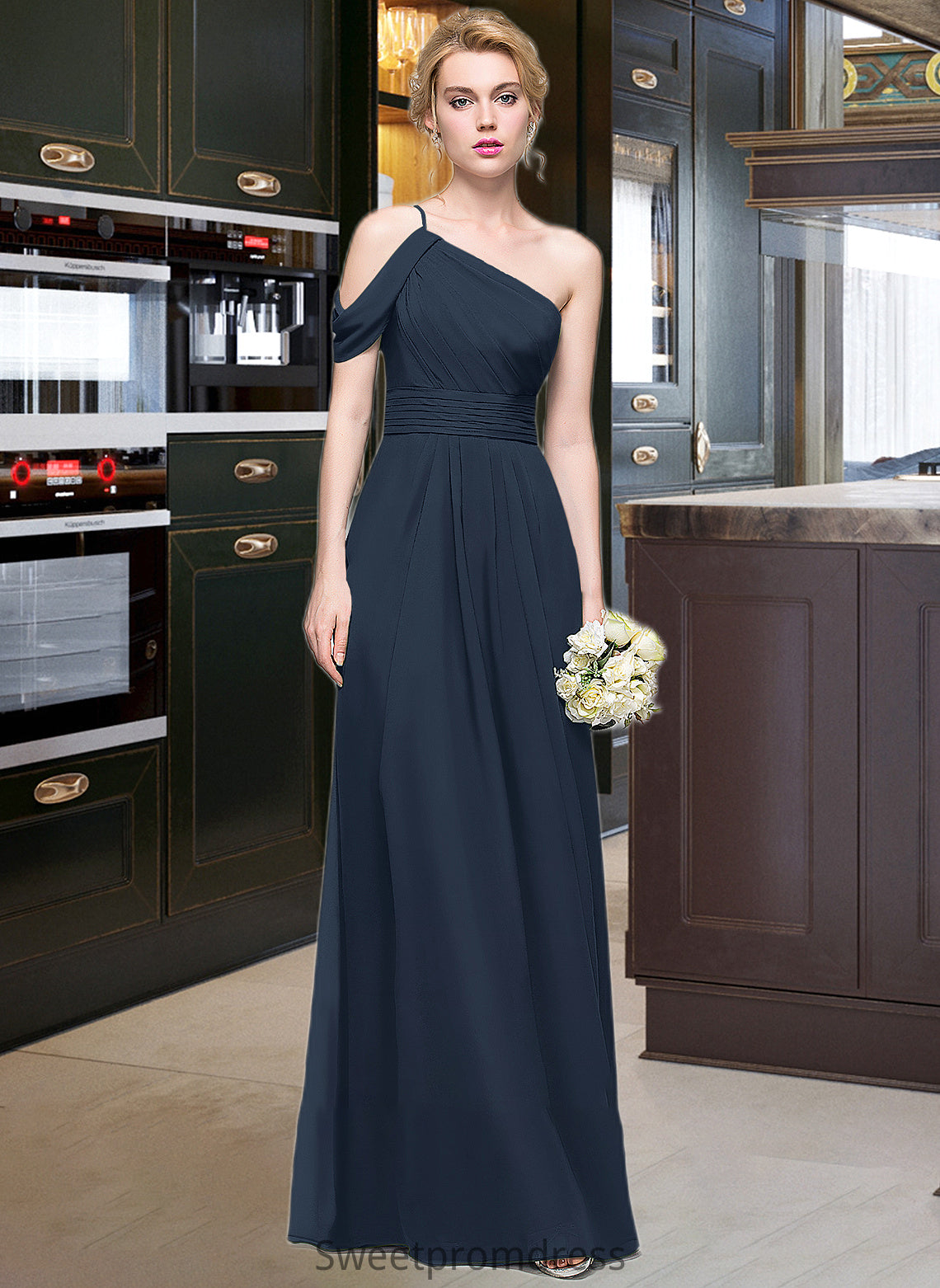 Una A-line One Shoulder Floor-Length Chiffon Bridesmaid Dress With Ruffle DHP0013091