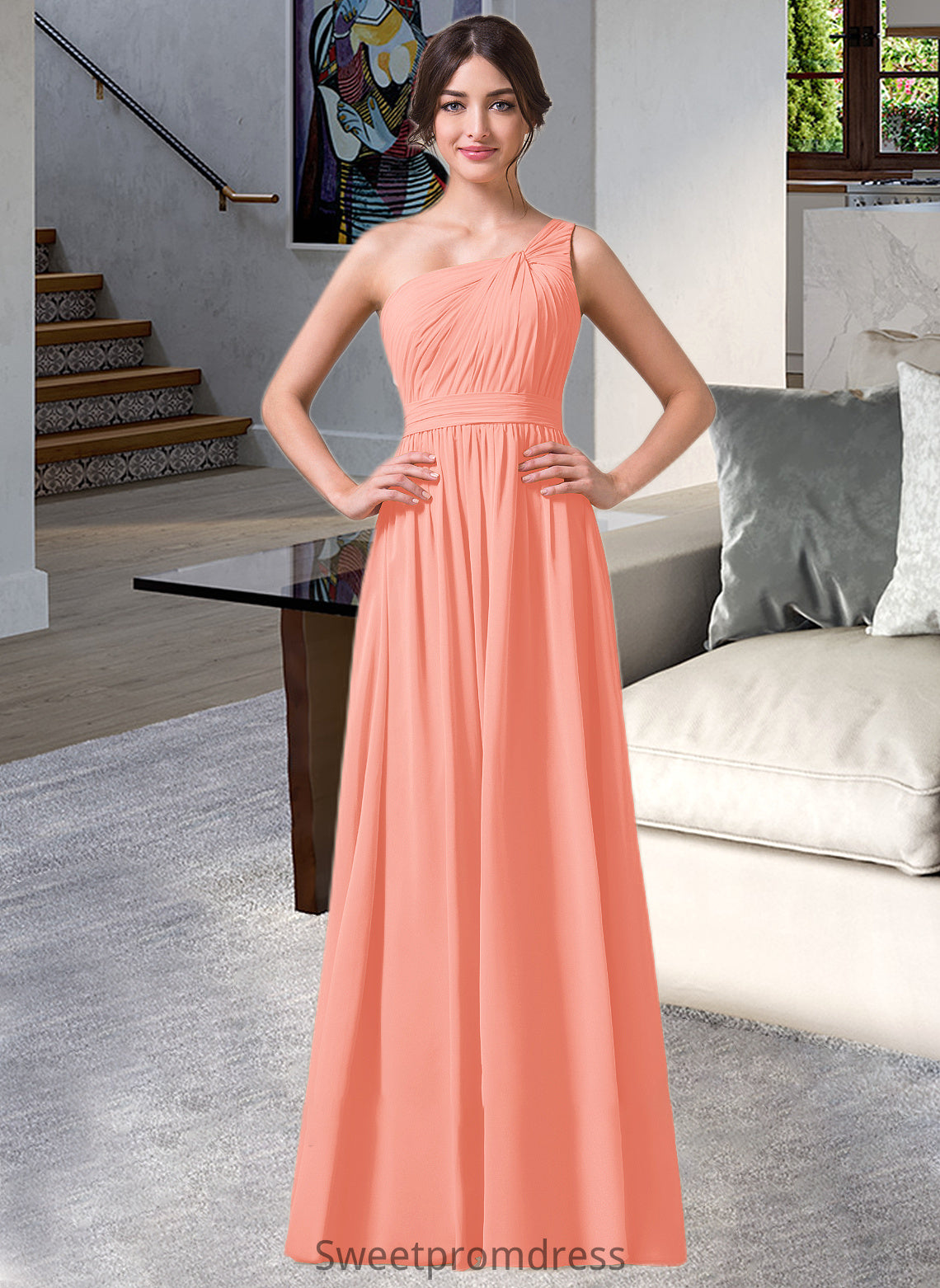 Dalia A-Line One-Shoulder Floor-length Chiffon Bridesmaid Dress DHP0013092