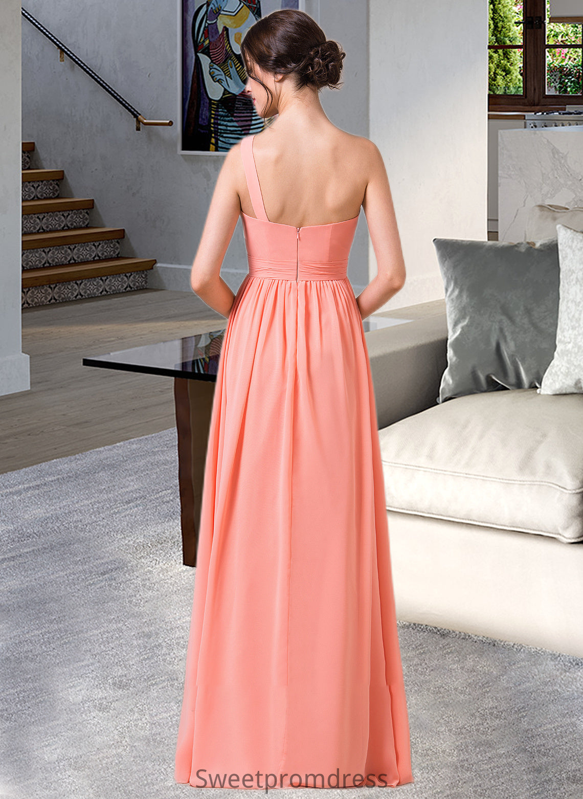 Dalia A-Line One-Shoulder Floor-length Chiffon Bridesmaid Dress DHP0013092